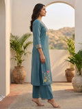 Women Floral Embroidered Blue A-Line Kurta Set