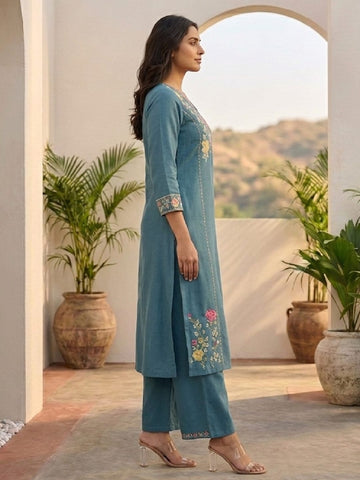 Women Floral Embroidered Blue A-Line Kurta Set