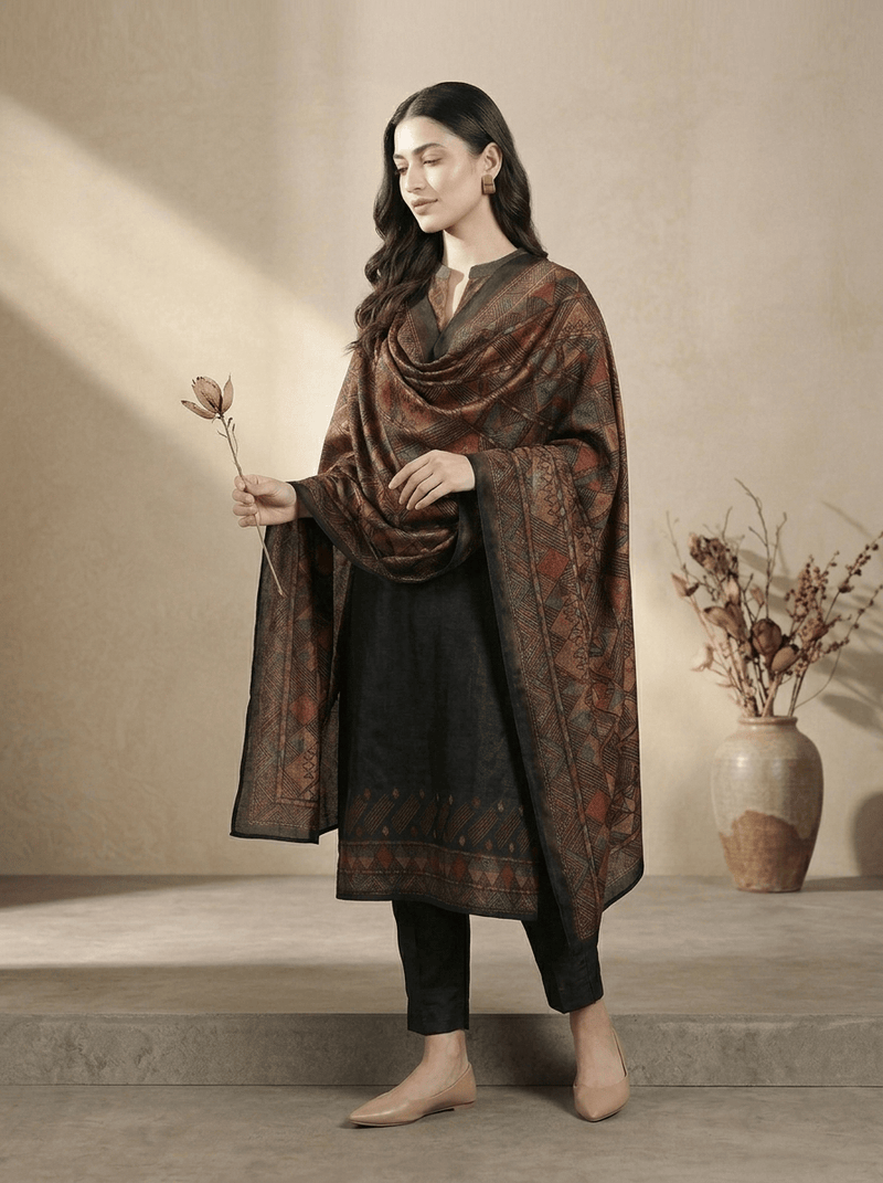 Varanga Women Black Printed Straight Kurta Paired With Solid Bottom And Printed Dupatta