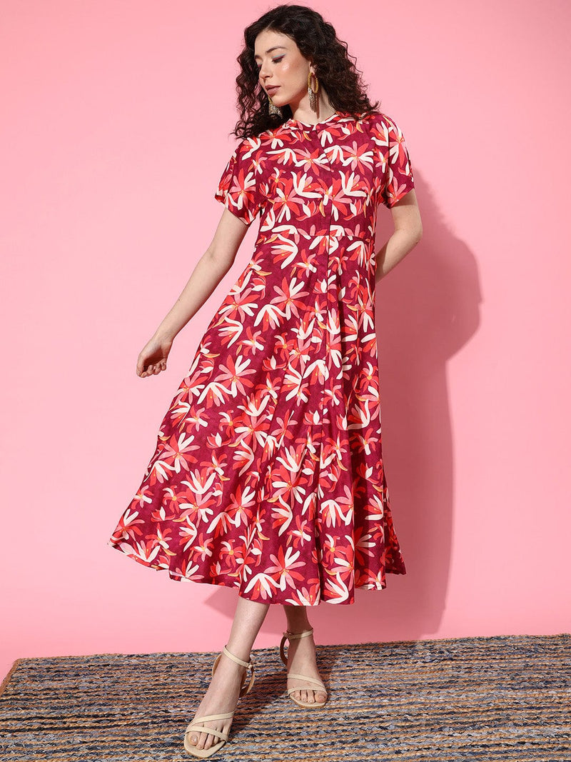 varanga burgundy and white floral print mandarin collar crepe a line midi dress
