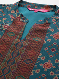 Varanga Women Patola Printed Teal Beige Mandrin Collar Straight Kurta With Solid Bottom And Printed Dupatta