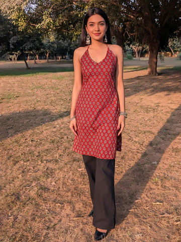 Rust Halter-Neck Backless Block Print Kurti