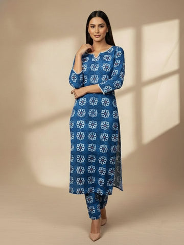 Cobalt Blue Kurta Set in tie dye flowers