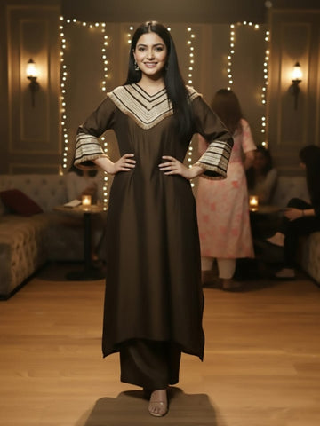 Zari Embroidered Lace Neck Flared Kaftan with Trouser