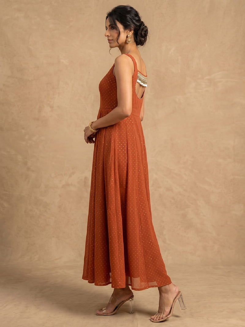 Rust Orange Golden Polka L-Print Sleeveless Anarkali Dress