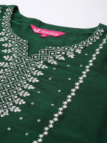 Varanga Women Round Neck Sequinned & Zari Kurta & Trouser With Fringed Detail Dupatta