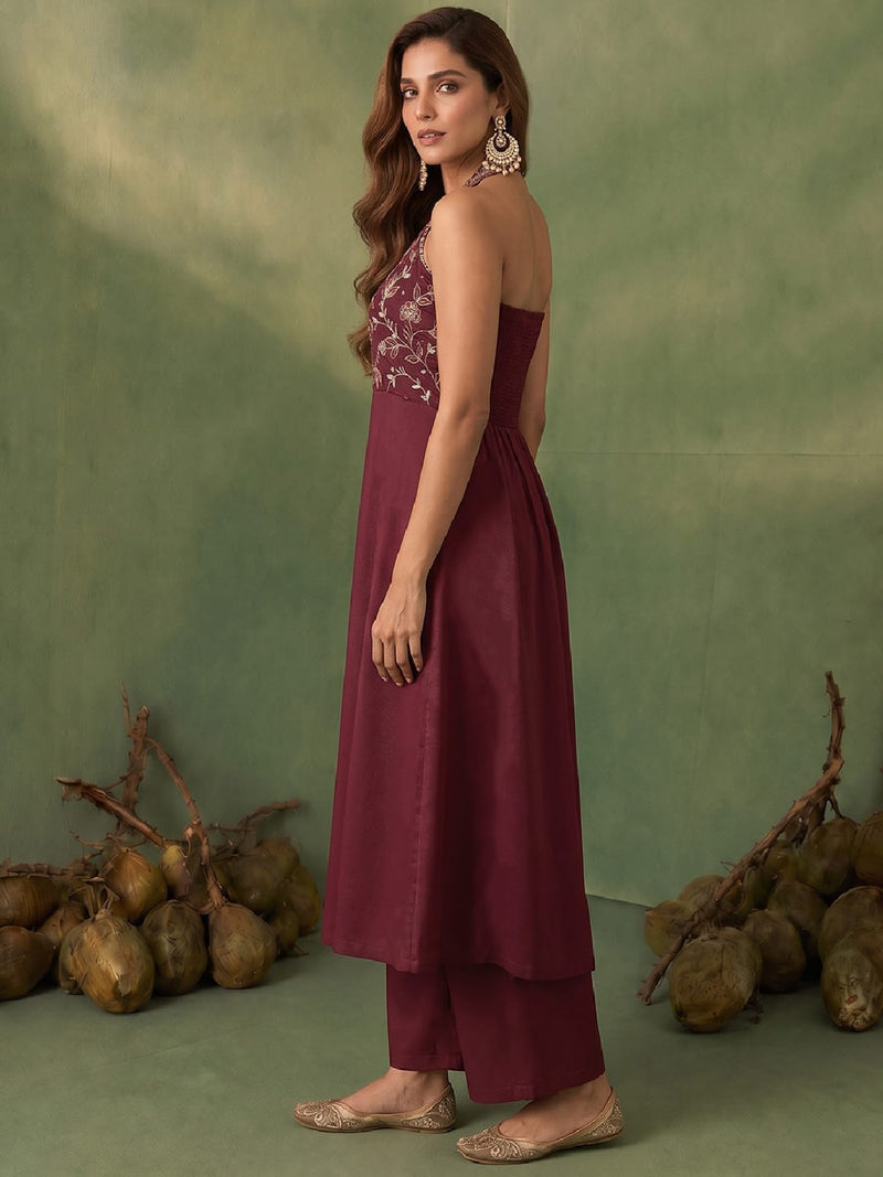 Womens Maroon Halter-Neck Embroidered Anarkali Set