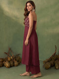Womens Maroon Halter-Neck Embroidered Anarkali Set