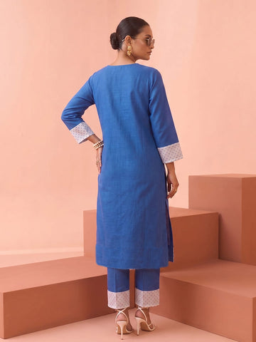 Indigo Blue Embroidered Kurta With Straight Trousers Set