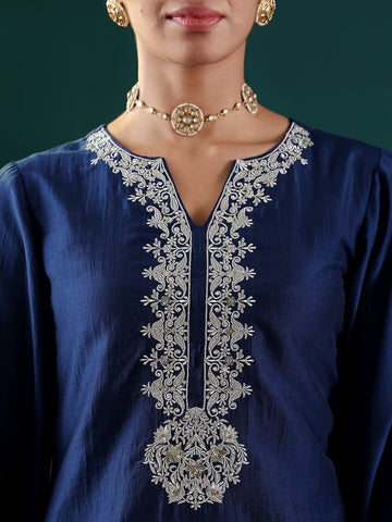 Varanga Women Blue Round Neck With Embroidered Kurta , Full Sleeves , Straight Kurta With Side Slits, Paired With Tonal Bottom And Dupatta.