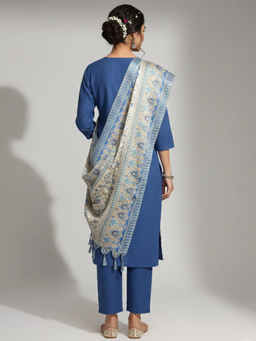Varanga Women Embroidered Yoke Straight Kurta Paired With Tonal Bottom And Printed Bhagalpuri Dupatta