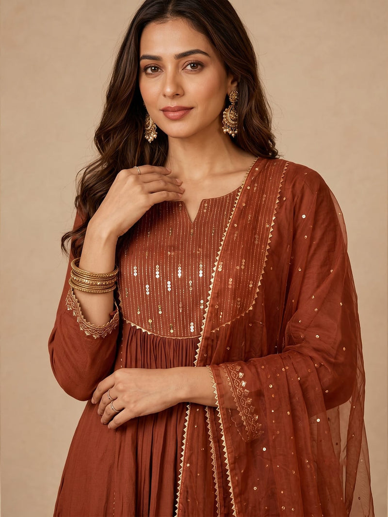 Rust Brown Zari-Work Anarkali Set With Organza Dupatta