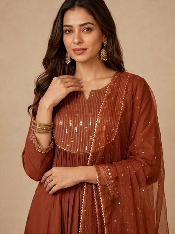 Rust Brown Zari-Work Anarkali Set With Organza Dupatta