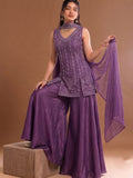 Purple Embroidered Kurta Set Featuring Zari And Sequin Work With A Matching Flared Palazzo And Embellished Dupatta