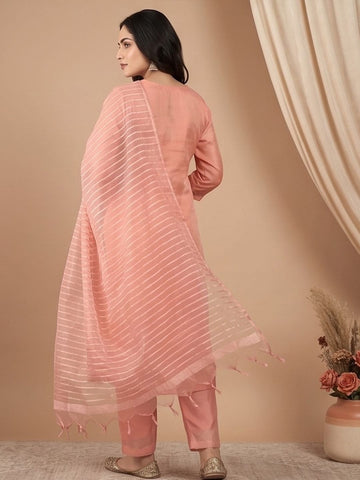 Zari-Embroidered Kurta Paired With Solid Trousers And A Tonal Dupatta .