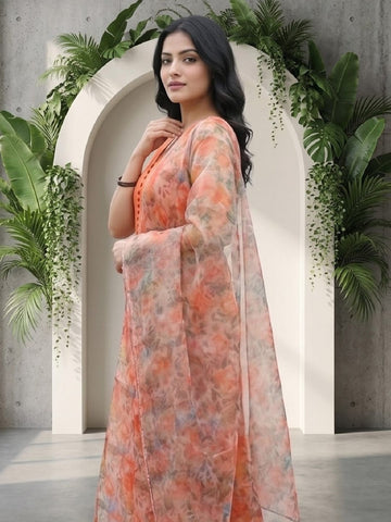 Sleeveless Orange Kurta with Floral Dupatta and Pants