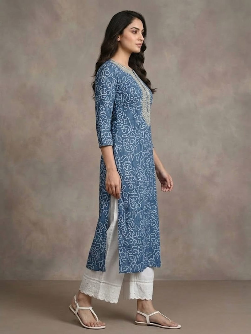 Varanga Women Blue Bandhani Printed Straight Kurta