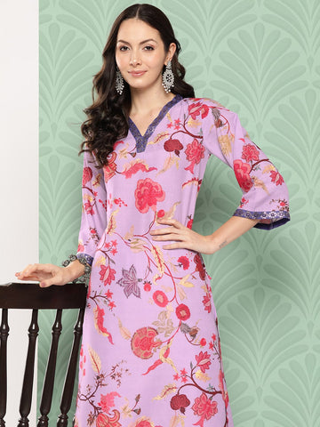 Varanga Women Lavender Floral Printed V-Neck Straight Kurta With Bell Sleeves