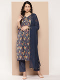 Varanga Women Violet Floral Printed Empire Sequinned Pure Cotton Kurta With Palazzos & With Dupatta