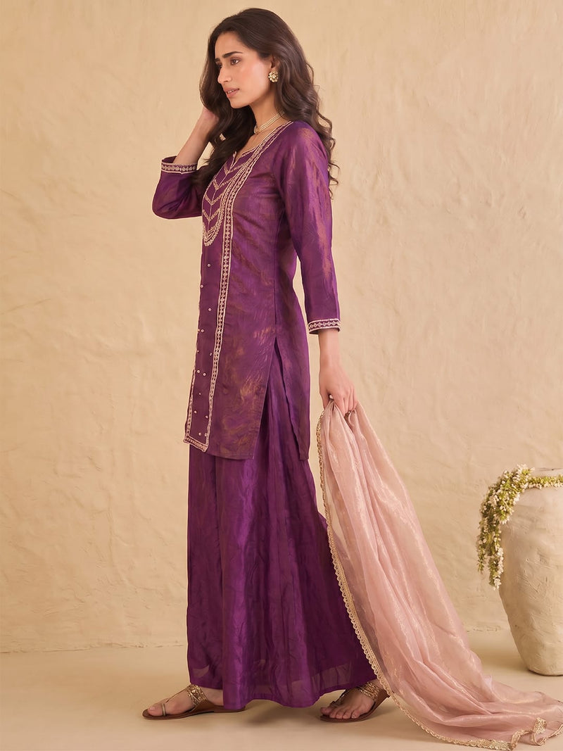 Wine Embroidered Kurta Set Paired With A Shimmering Organza Dupatta.
