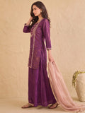 Wine Embroidered Kurta Set Paired With A Shimmering Organza Dupatta.