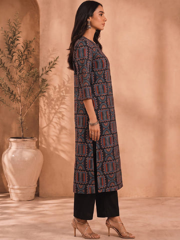 A-Line Geometric Prints Embroidered Neckline Kurta