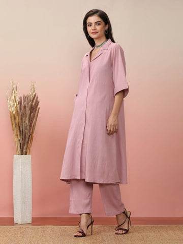 Varanga Women Pink Shirt Collar Neck A-Line Kurta Paired With Tonal Bottom