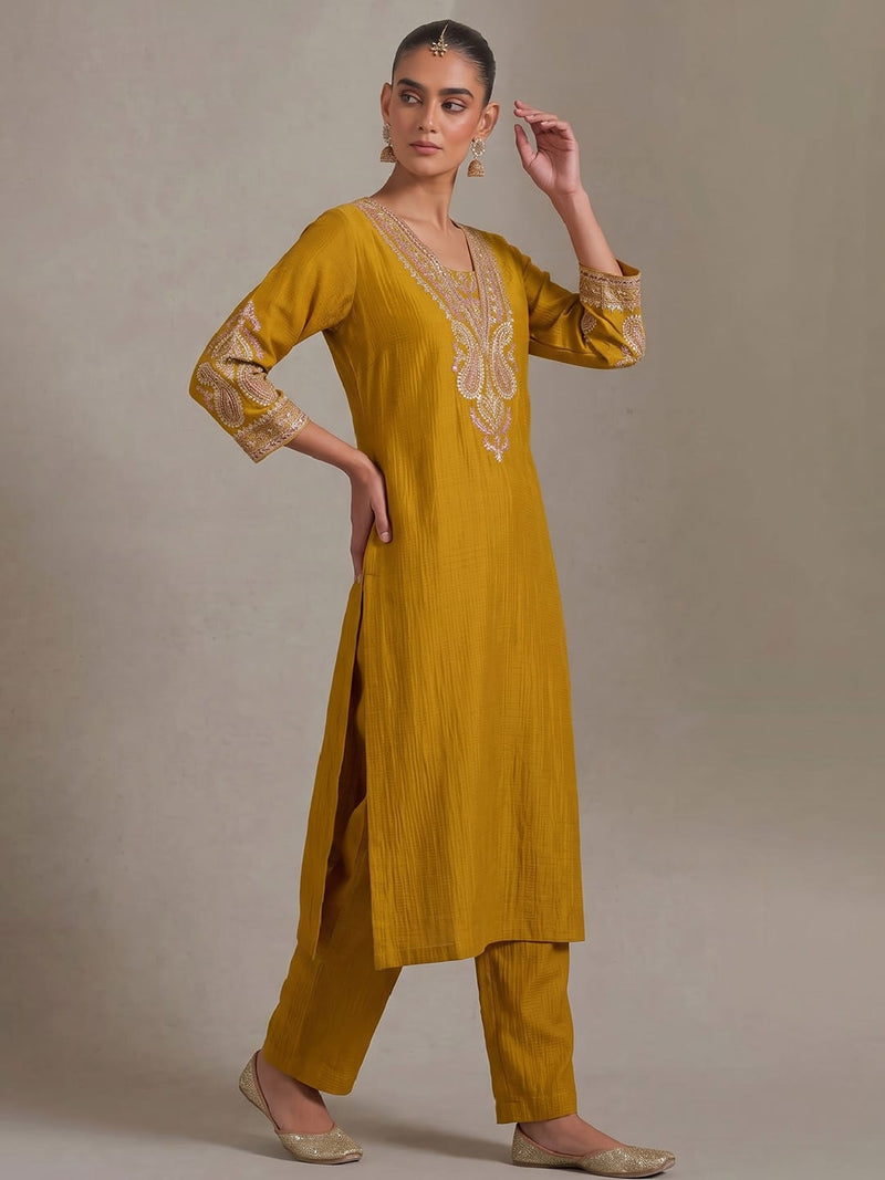 Mustard Straight-Fit Kurta With Embroidered Yoke, Paired With Solid Ankle-Length Trousers