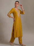Mustard Straight-Fit Kurta With Embroidered Yoke, Paired With Solid Ankle-Length Trousers