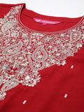 Varanga Women Red Embroidered A- Line Kurta With Bottom And Dupatta