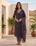 Varanga Women Blue  Printed  Embroidered Kurta With Bottom And Dupatta