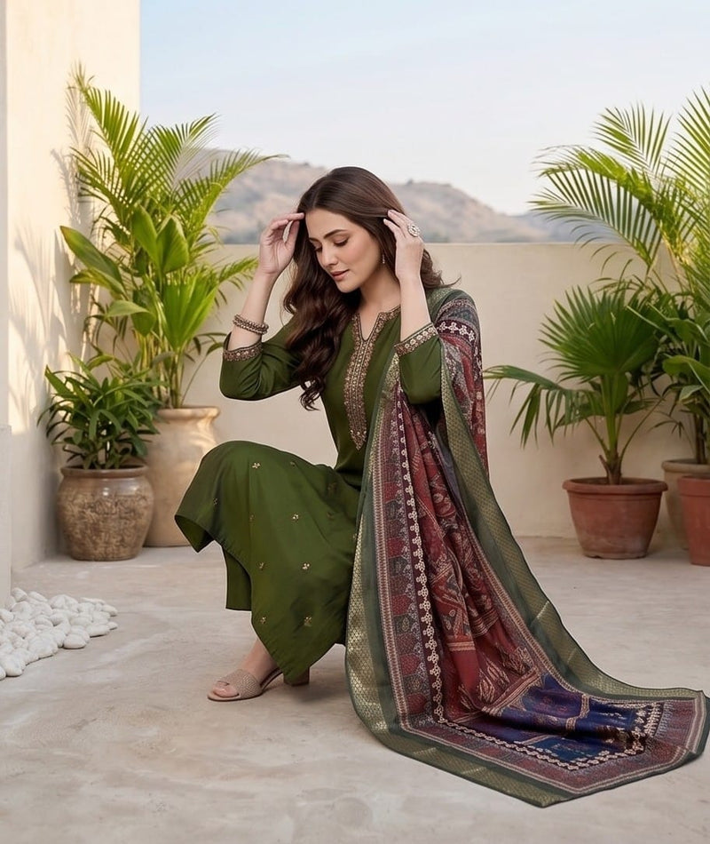 Varanga Women Olive Green Round Neck Kurta With Tonal Bottom & Printed Dupatta