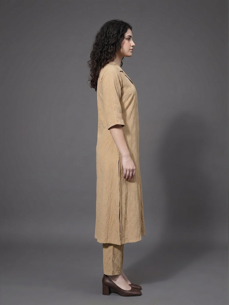 Varanga Women Mauve Shirt Collar Neck A-Line Kurta Paired With Tonal Bottom