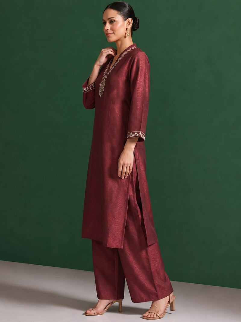 Womens Maroon Mirror-Work Silk Kurta Set