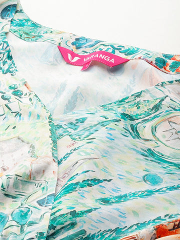Varanga Women Teal Abstract Printed V-Neck Angrakha Style Top With Printed Flared Bottom