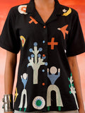 Abstract Handprinted Geometric Icon Print Short-Sleeve Button-Up Shirt