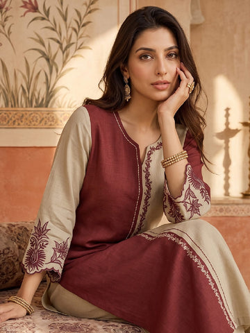 Maroon And Beige Colorblocked Kurta Set For Womens