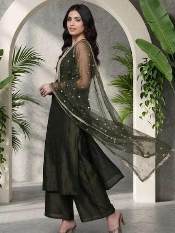 Varanga Women Olive Green Lace Embellished Sleeveless Straight Kurta Paired With Tonal Plazzo And Dupatta