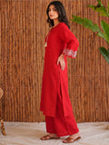 Women Red Embroidered Solid Straight Kurta With Trousers