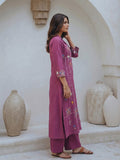 Women Geometric Embroidered Wine Kurta Set With Shirt Collar