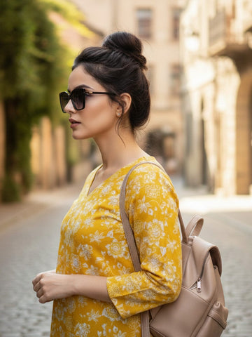 Varanga Women's Mustard Yellow Floral Print Tunic with V-Neck