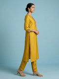 Vichitra Bead-Embellished Round Neck Kurta, Solid Ankle-Length Trousers, And An Elegant Embroidered Dupatta