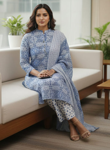 Varanga Women Ethnic Motifs Printed Regular Pure Cotton Kurta with Trousers & With Dupatta