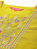 Varanga Women Plus Size Yellow Embroidered Kurta  With Tonal Bottam And Contrast Printed Dupatta