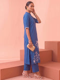 Women'S Blue Floral Embroidery Straight Kurta With Trousers Co-Ord Set