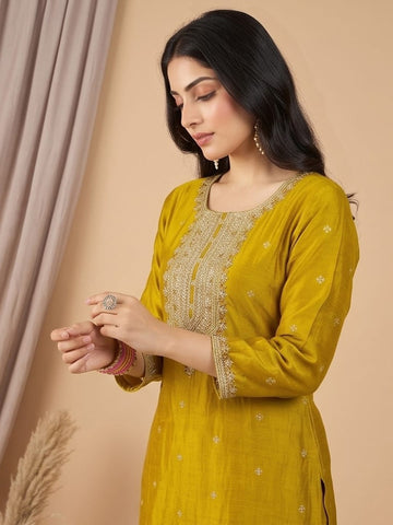 Kurta With Intricate Zari-Embroidered Yoke With Trousers And Zari-Accented Dupatta