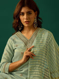 Zari-Embroidered Kurta Paired With Solid Trousers And A Tonal Dupatta