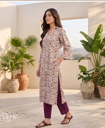 Varanga Women Off White Ikat Printed Shirt Collar Straight Kurta  Paired With Violet Solid Bottom