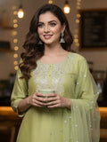 Varanga Women Green Floral Embroidered Regular Chanderi Silk Kurta with Trousers & With Dupatta