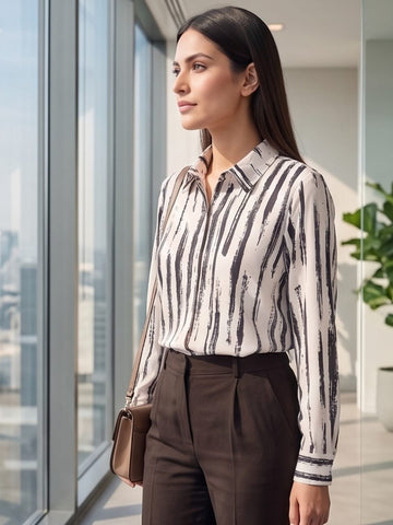 Cream Coloured Slim Collar Long Sleeves Abstract Shirt